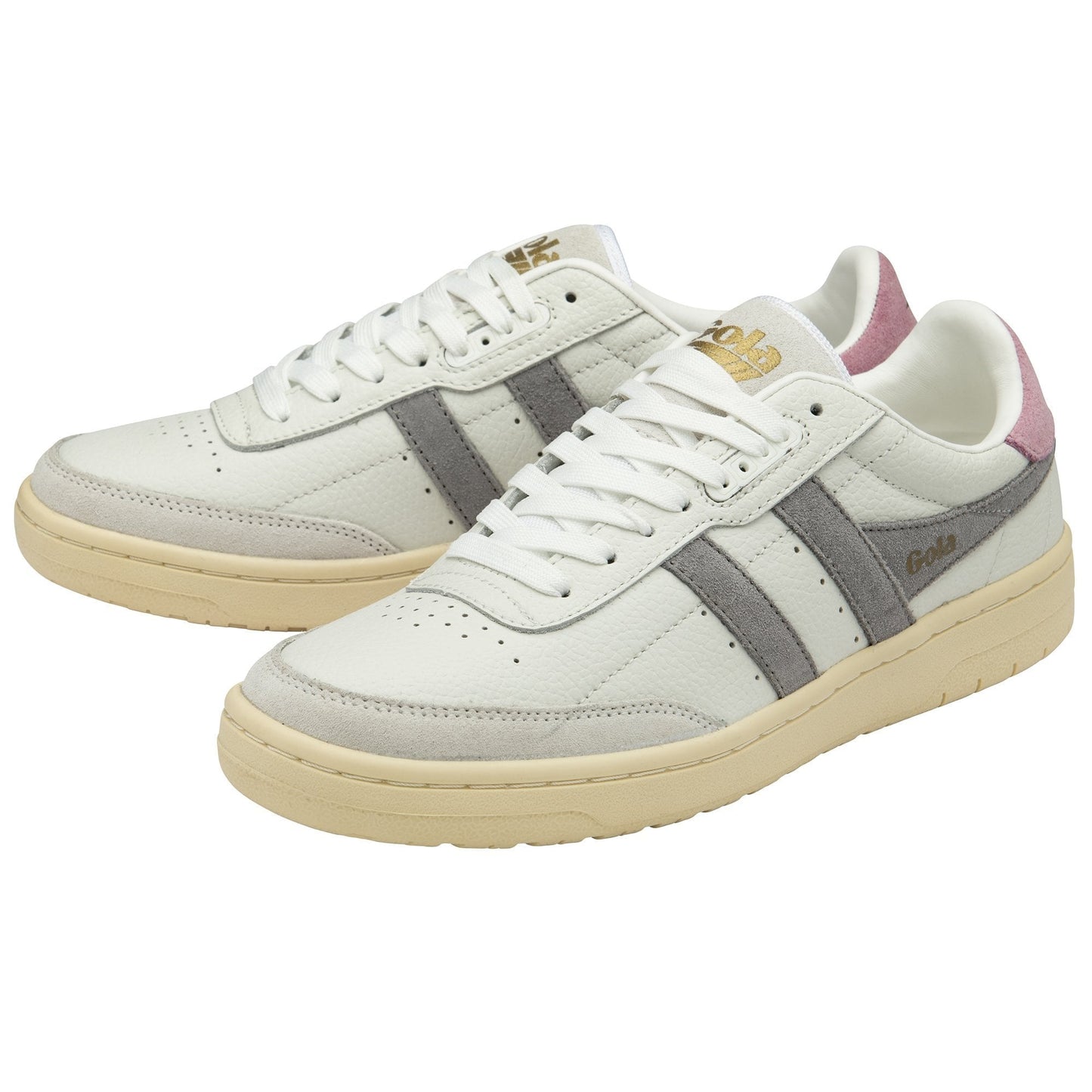 Gola Women's Falcon low-top sneakers with grey suede side stripes, pink heel tab, and cream sole.