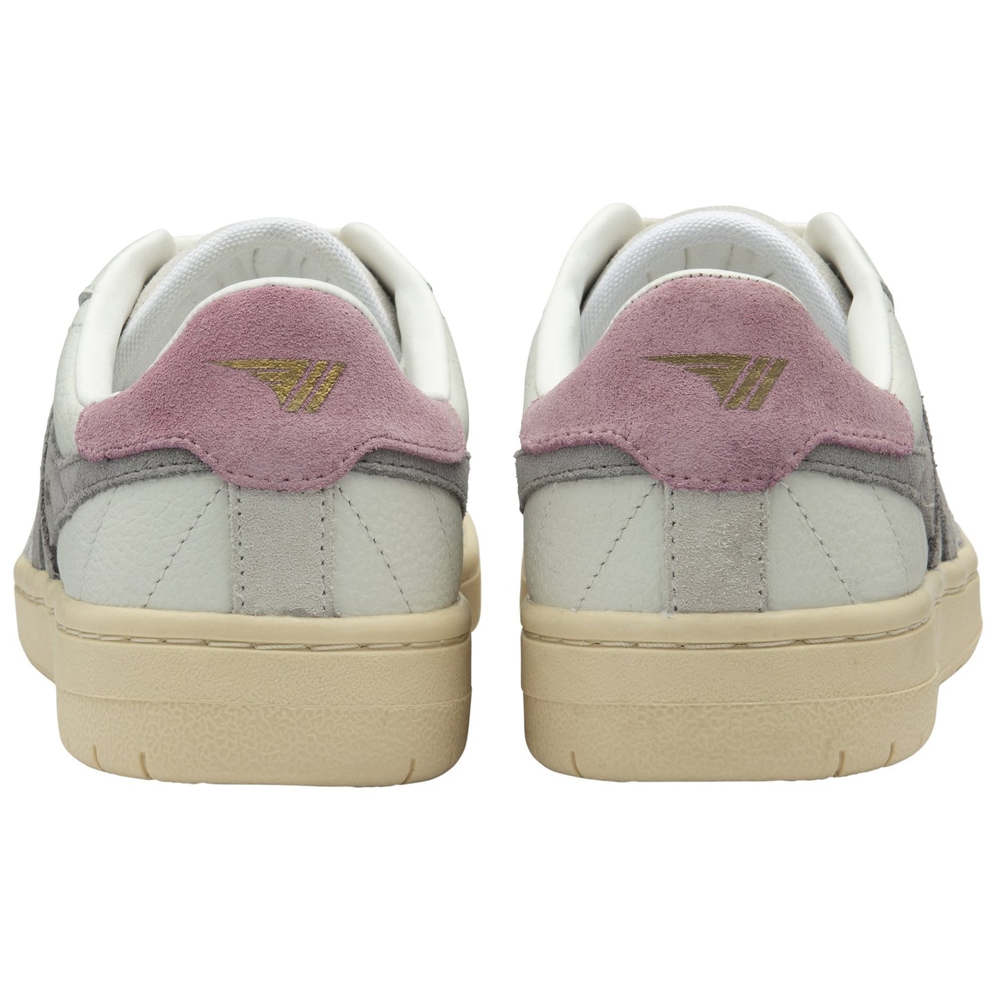 Gola Women's Falcon low-top sneakers shown from behind, featuring pink suede heel tabs with gold logo detailing and cream ...