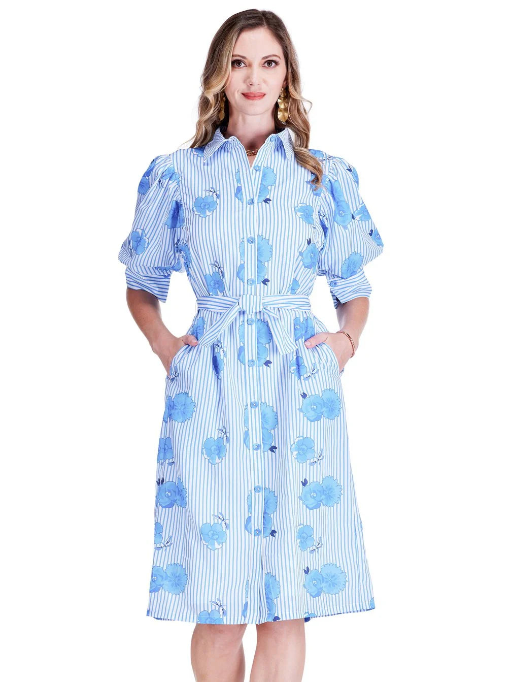 Jade Puff Sleeve Shirt Dress Bluebell Stripe