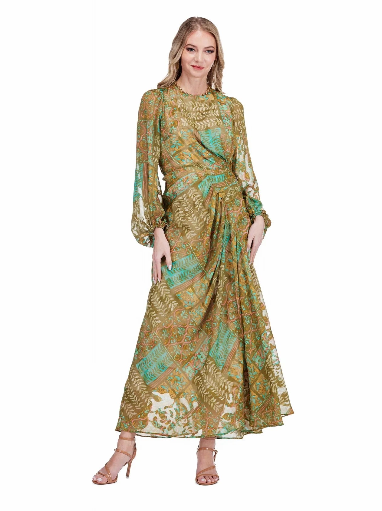 Jade Side Drape Pleated Maxi Dress Olive Tapestry