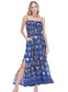 Joy Joy Tuscan sleeveless maxi dress with spaghetti straps, smocked bodice, side slit, and vibrant tile print pattern.