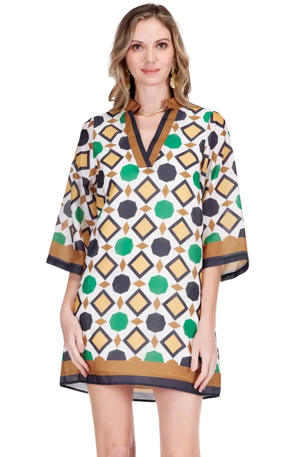 Jade Split Neck Bell Sleeve Caftan Geo Border
