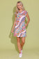 Alden Adair Leigh Dress in Wavy Bouquet floral print with zip neckline, drawstring waist, and cap sleeves.