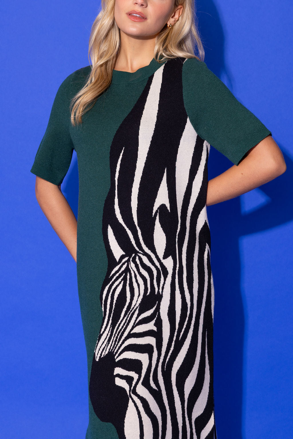 Alden Adair Scout Dress Wild Silhouette in forest green with bold black-and-white zebra intarsia knit panel, worn by model, close-up front view.