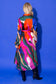 Alden Adair Bronte Dress Solar Vines, back view on model, multicolor abstract print midi dress with belt and long sleeves.