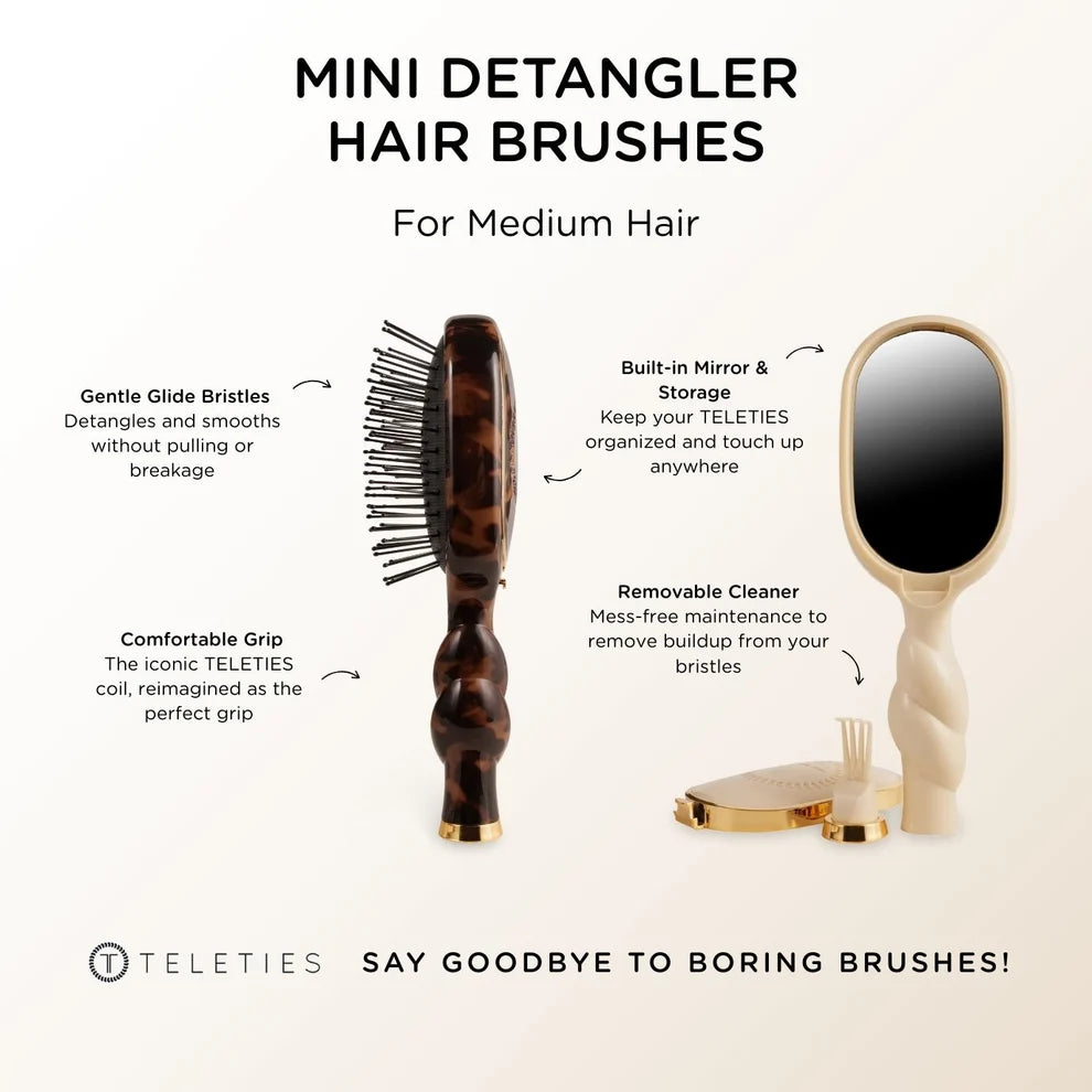 Teleties Mini Detangler Hair Brush in tortoise print with twisted grip handle and gentle glide bristles.