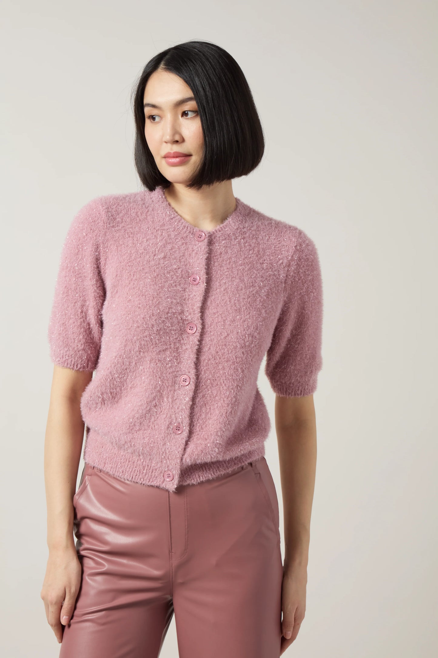 Lysse Opalite Short Sleeve Lurex  Feather Cardiagn Antique Rose