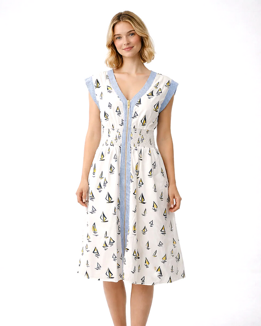 Short Sleeve Sailboat Pattern Midi Dress