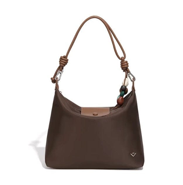 MiMi Wholesale Brianne Nylon Hobo Bag in dark brown, front view, with knotted leather strap, colorful beads, and snap front pocket.