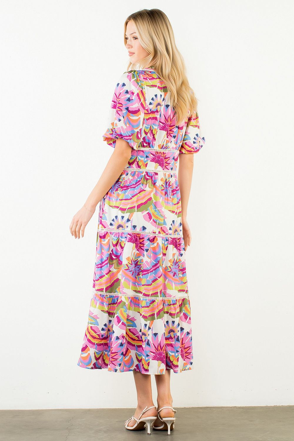 THML Puff Sleeve Pattern Tiered Dress