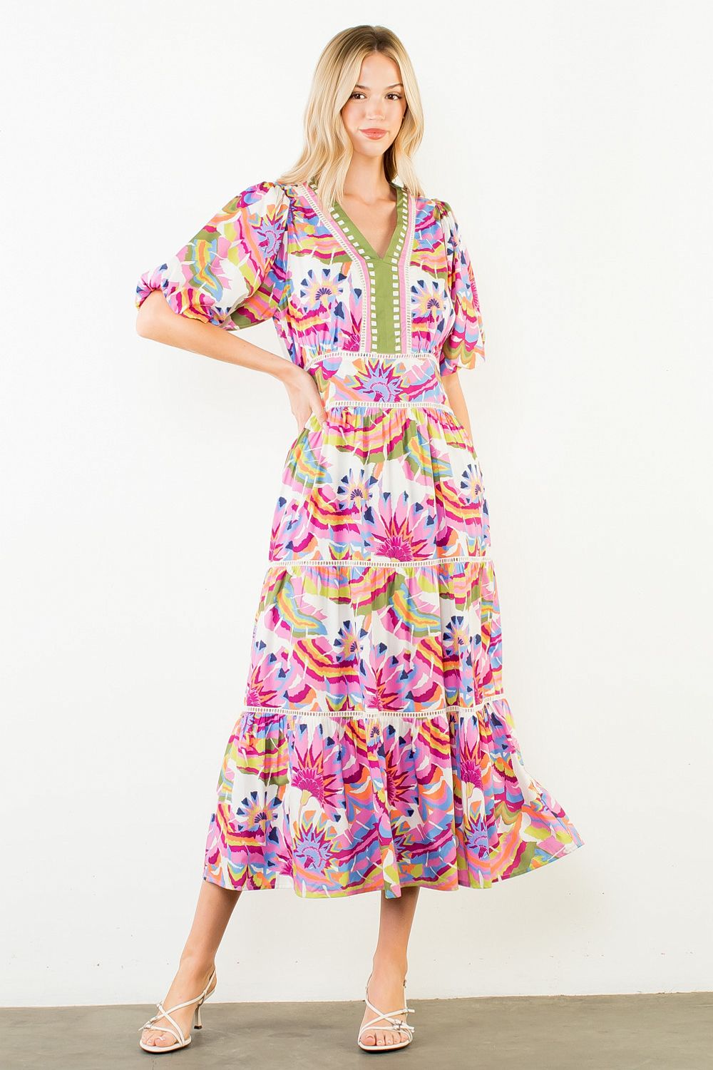 THML Puff Sleeve Pattern Tiered Dress