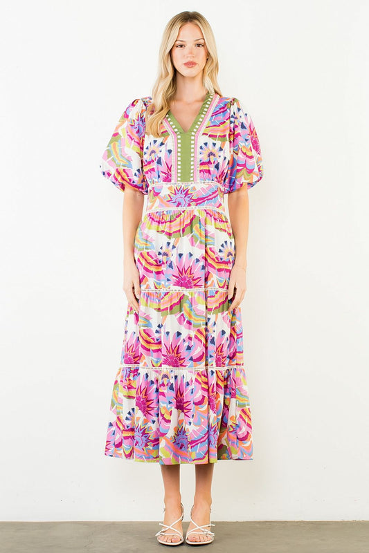 THML Puff Sleeve Pattern Tiered Dress