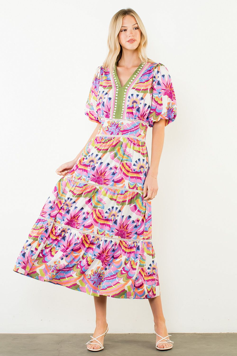 THML Puff Sleeve Pattern Tiered Dress