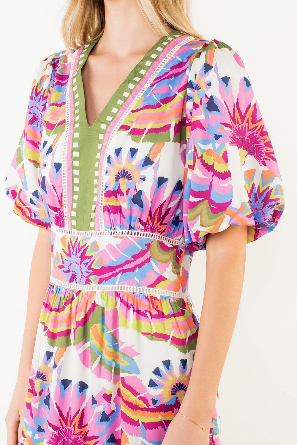THML Puff Sleeve Pattern Tiered Dress