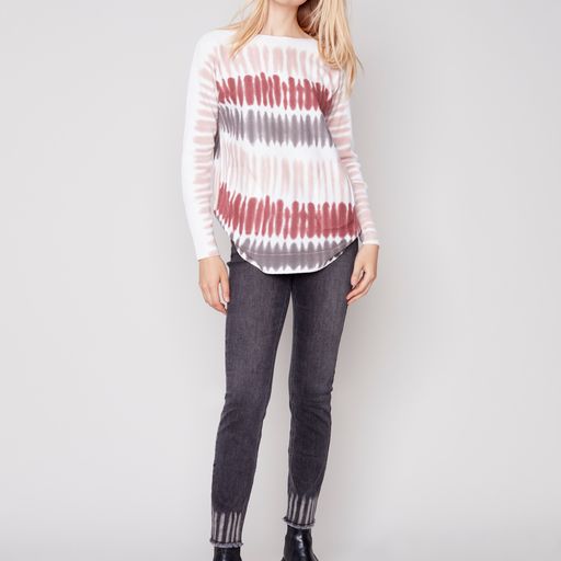 Printed Cuff Lace-Up Sweater - Rasberry - Charlie B