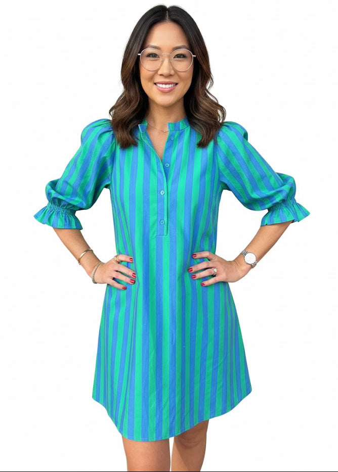 Striped puff sleeve mini dress: Green