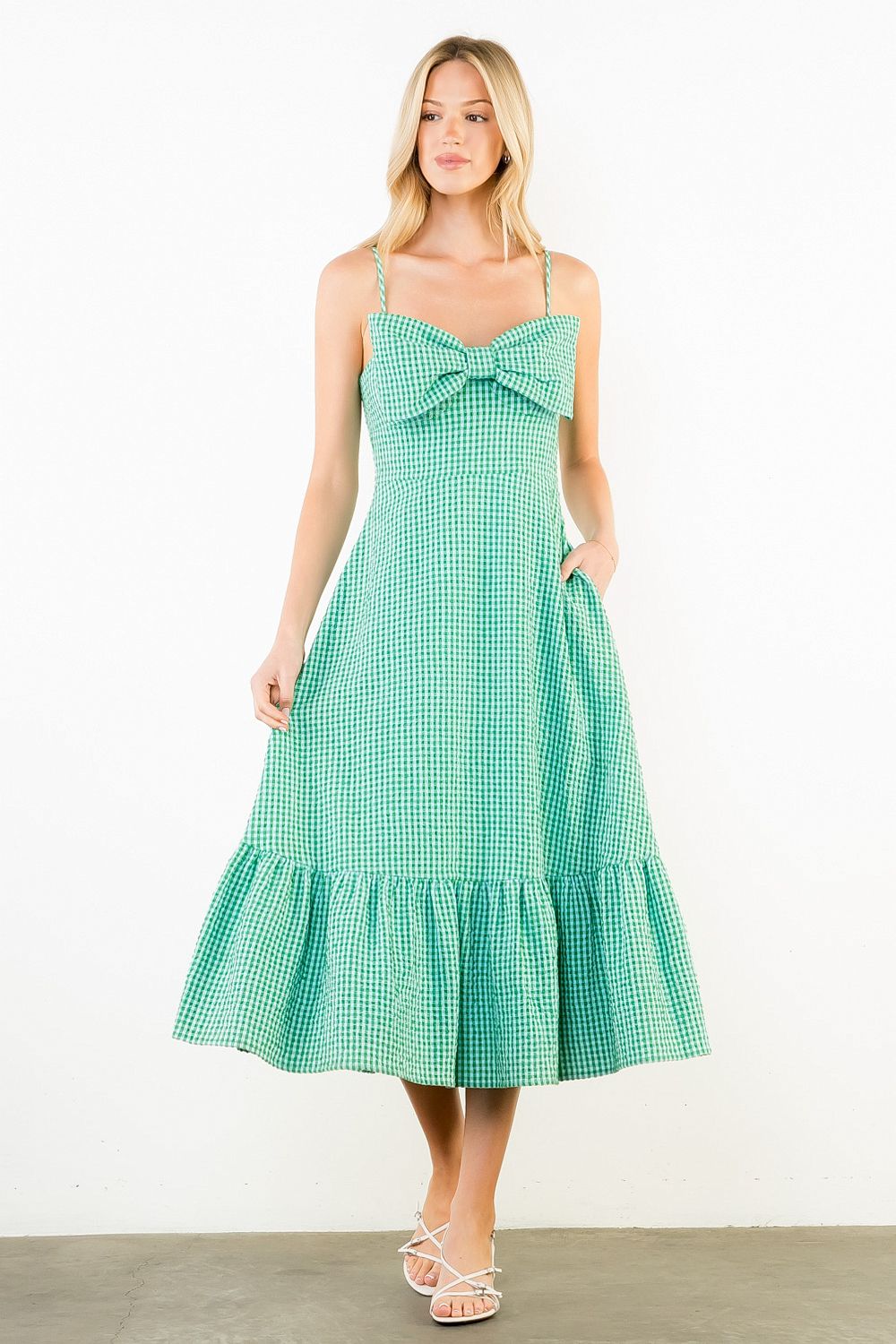 THML Large Bow Gingham Midi Dress