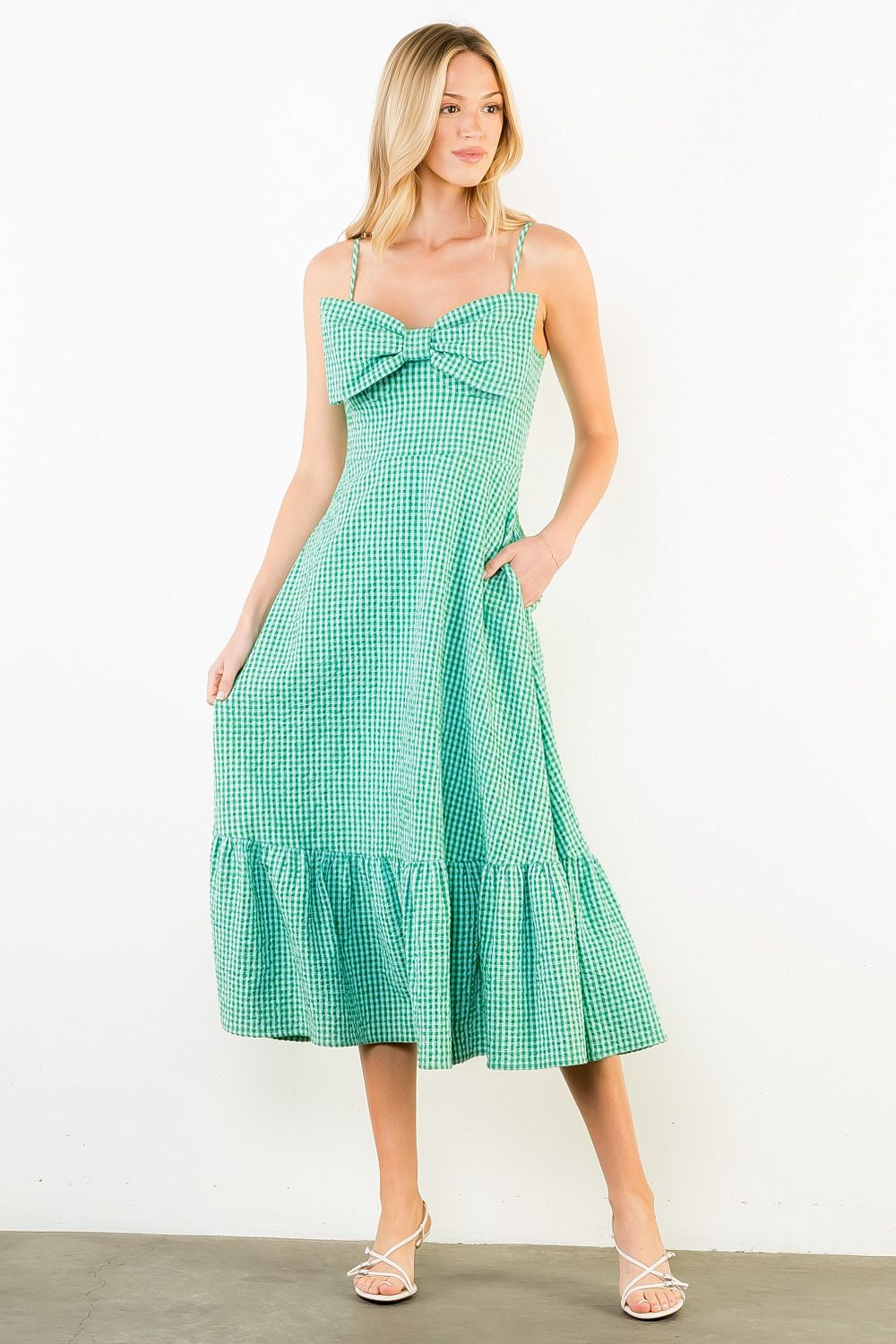 THML Large Bow Gingham Midi Dress