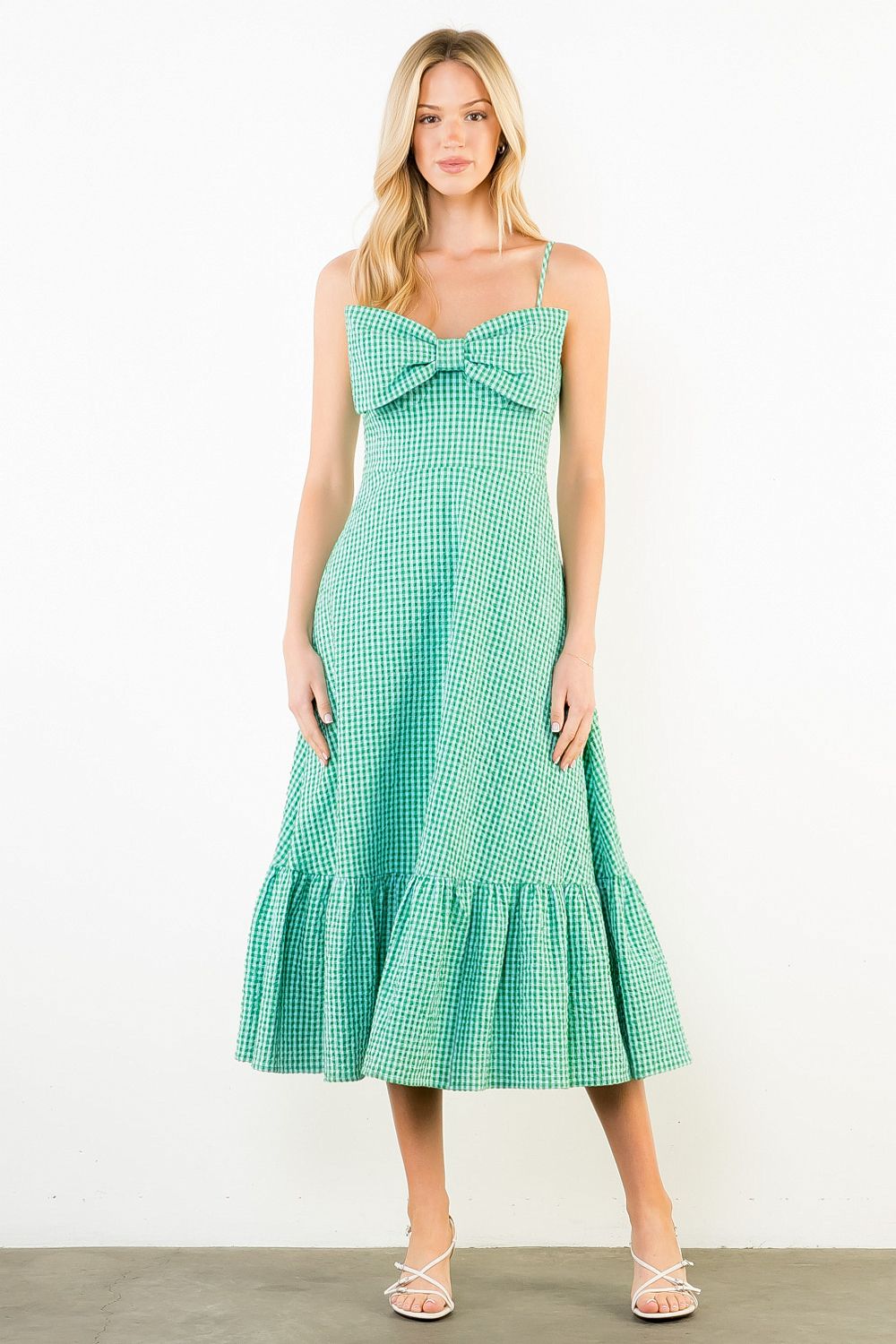 THML Large Bow Gingham Midi Dress