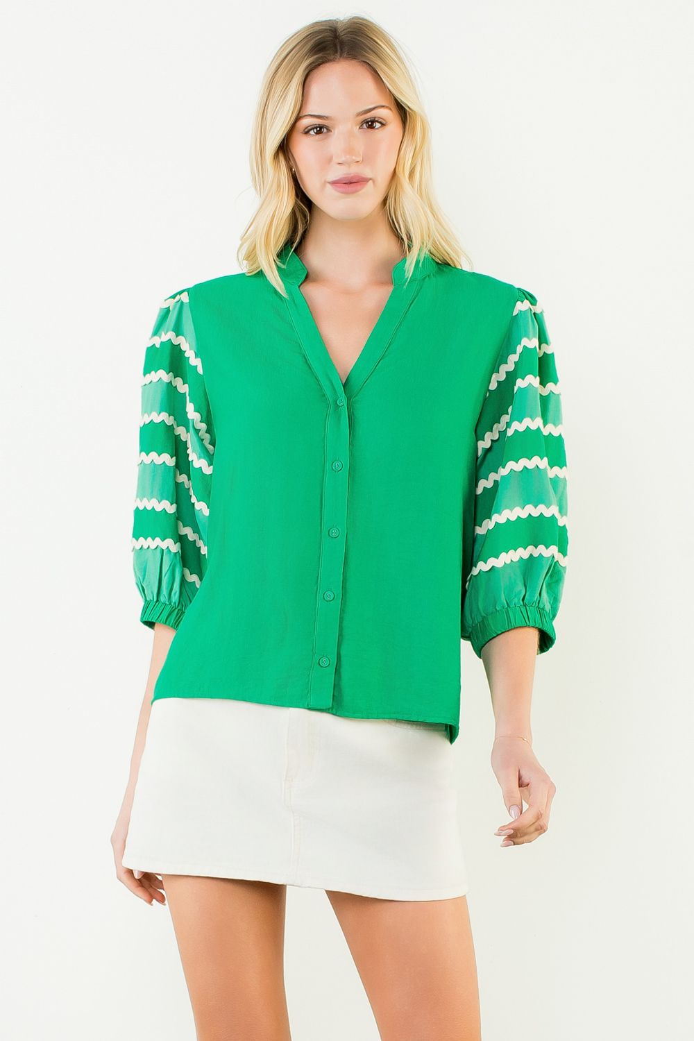 THML Embroidery Detail Puff Sleeve Button Down Top Green
